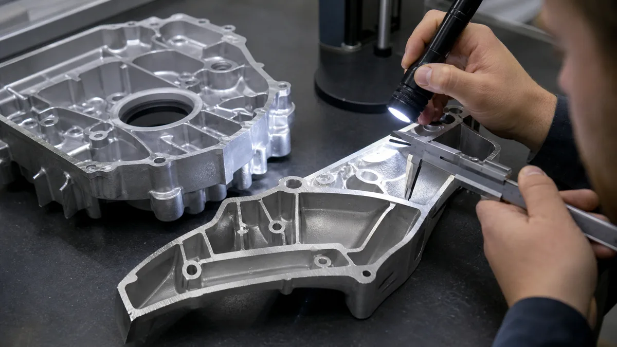 Aluminum die cast parts being inspected with calipers for ribs machining and porosity risk