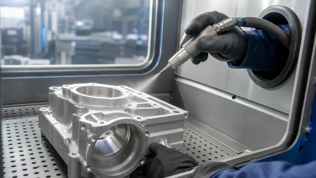Technician bead blasting a CNC machined aluminum housing in a cabinet