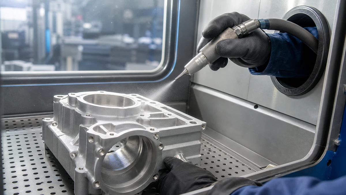 Technician bead blasting a CNC machined aluminum housing in a cabinet