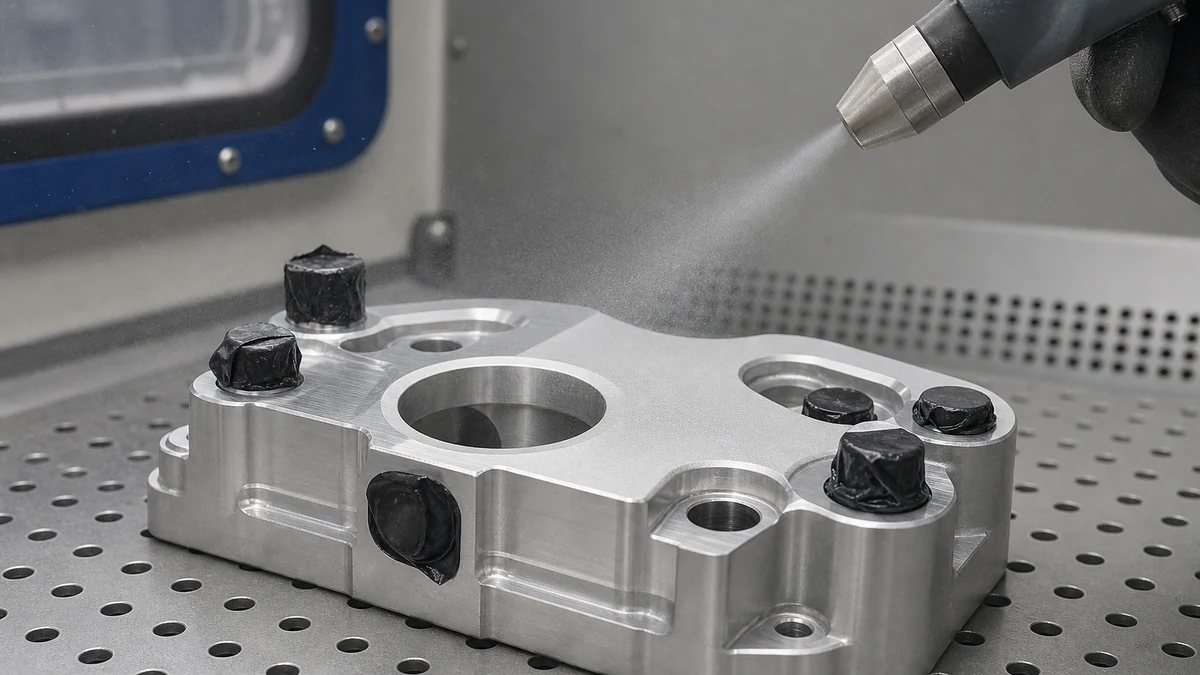 Bead blasting nozzle finishing a masked CNC machined part
