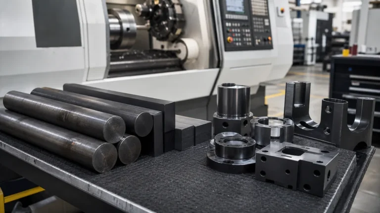 Carbon steel bars and CNC machined steel components on a machine shop cart