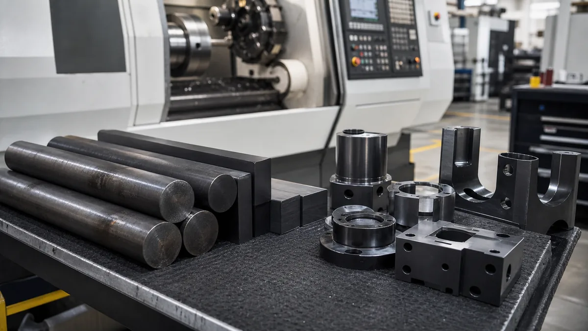 Carbon steel bars and CNC machined steel components on a machine shop cart