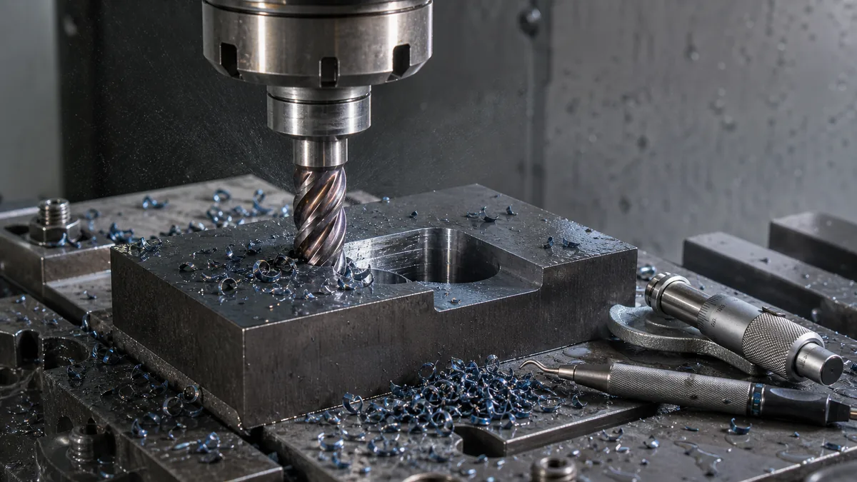 CNC milling carbon steel with curled chips and inspection tools nearby