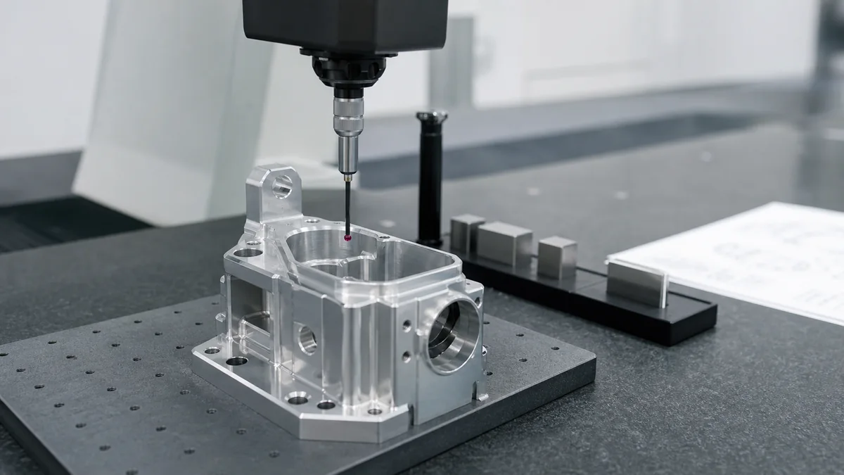 CMM probe inspecting a CNC machined aluminum part on a granite table