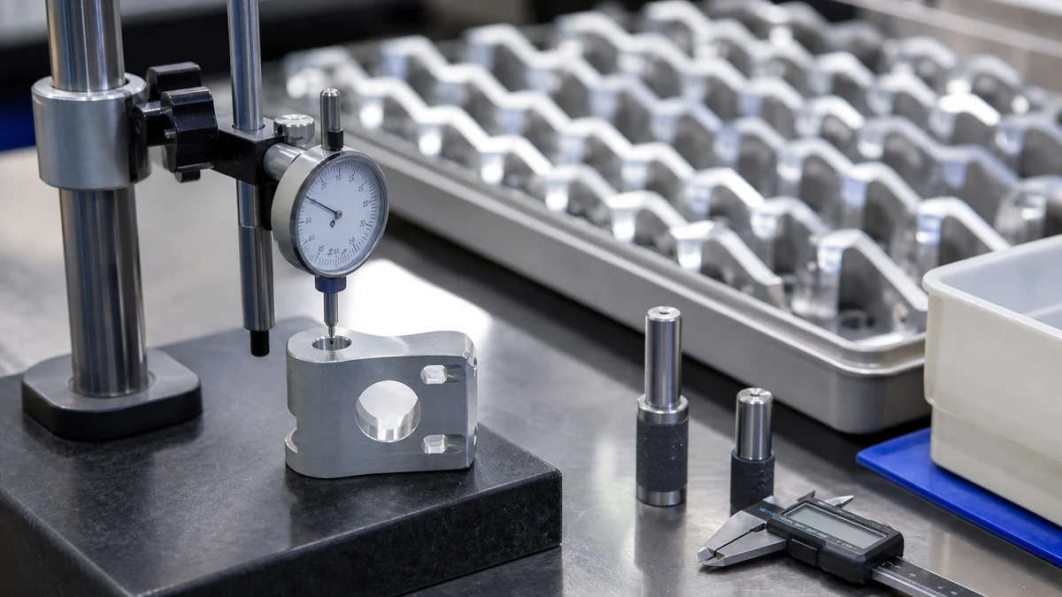 Close up of CNC batch inspection with repeated machined aluminum parts and measuring tools