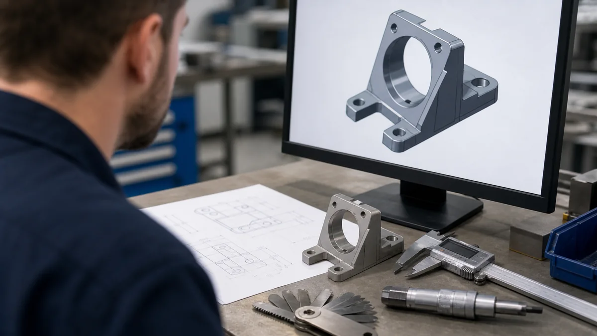 Engineer reviewing a CAD model and technical drawing before sending a CNC machining RFQ