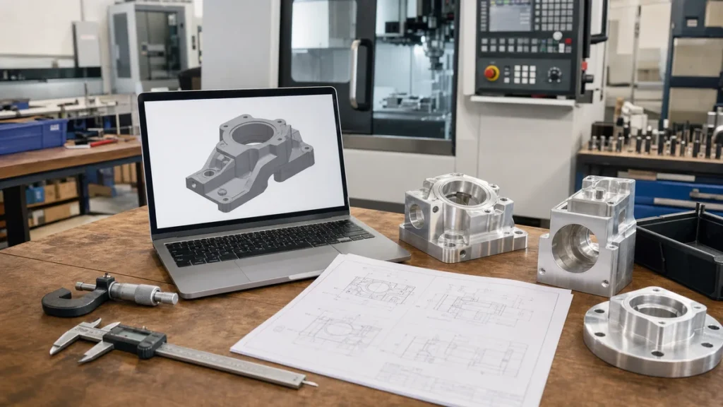CNC RFQ preparation desk with CAD model, drawing, calipers, and machined aluminum parts