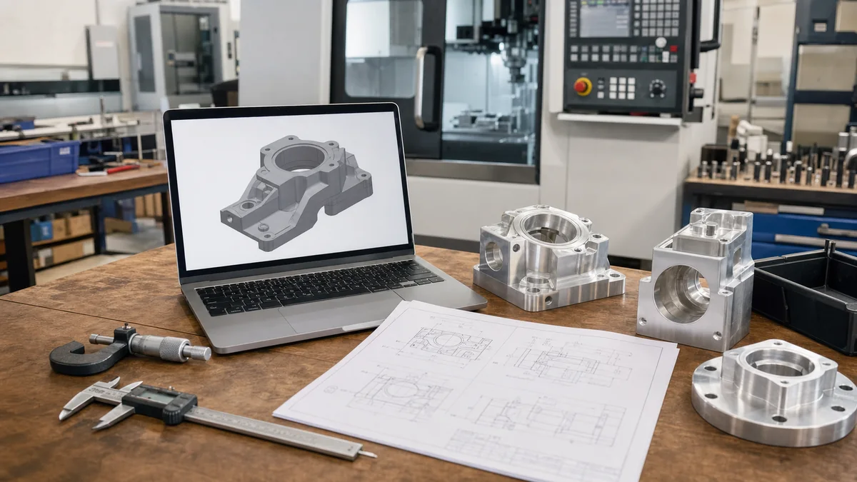 CNC RFQ preparation desk with CAD model, drawing, calipers, and machined aluminum parts