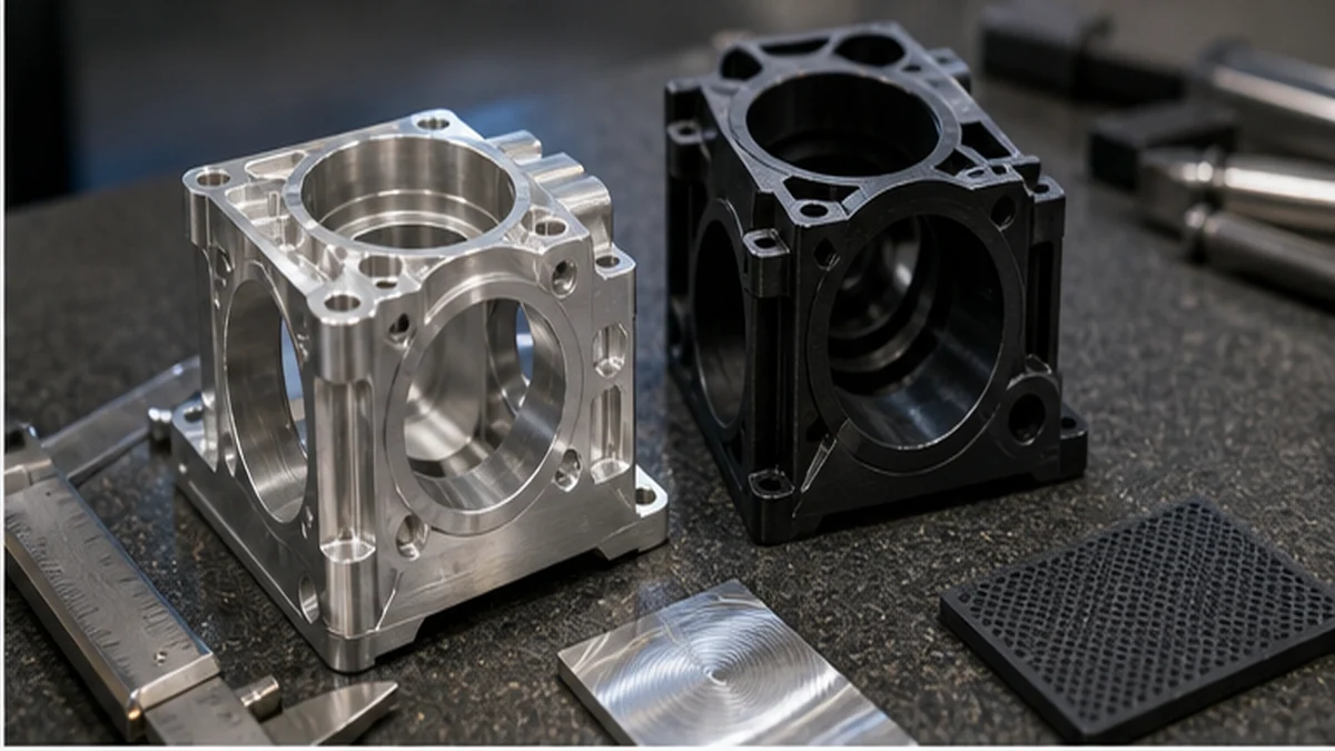 CNC machined aluminum part and 3D printed polymer prototype compared on an inspection bench