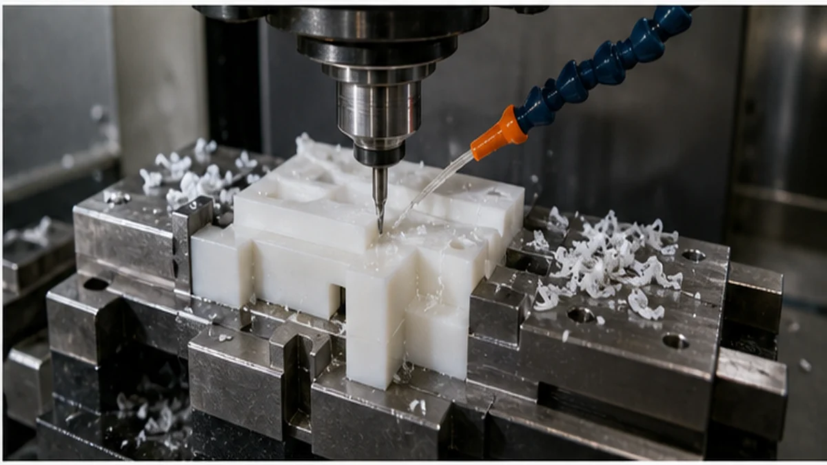 CNC milling tool cutting a white engineering plastic part held in a fixture