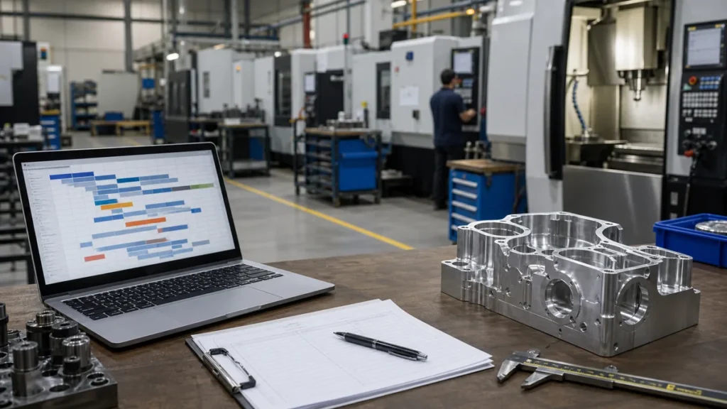 CNC production planning desk with machined parts and scheduling tools