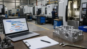 CNC production planning desk with machined parts and scheduling tools
