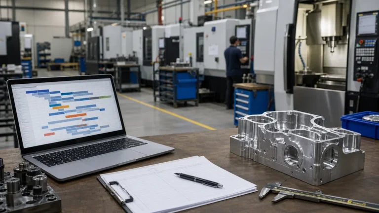 CNC production planning desk with machined parts and scheduling tools