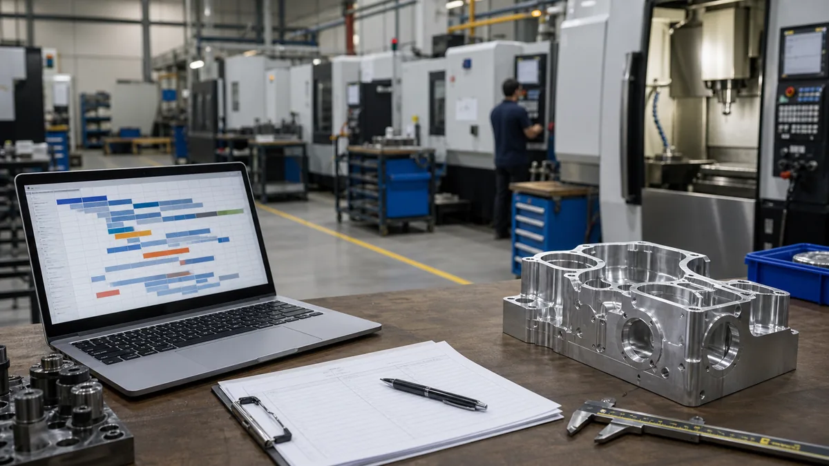 CNC production planning desk with machined parts and scheduling tools