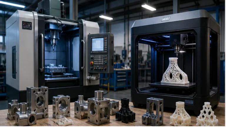 CNC machining center and industrial 3D printer with metal and plastic prototype parts on a workshop bench