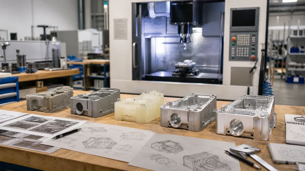 Product development table with multiple CNC machined prototype revisions and a CNC machine in the background
