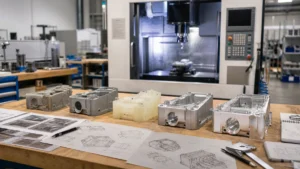 Product development table with multiple CNC machined prototype revisions and a CNC machine in the background