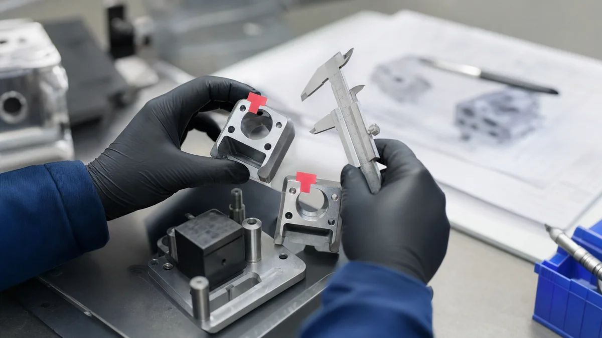 Gloved hands comparing CNC machined prototype revisions with calipers on a validation bench