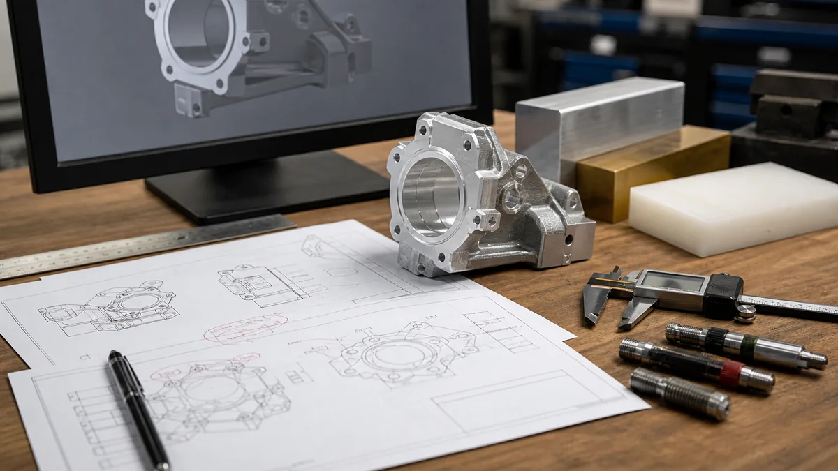 CAD model, engineering drawing, gauges, and inspection tools for a CNC RFQ package