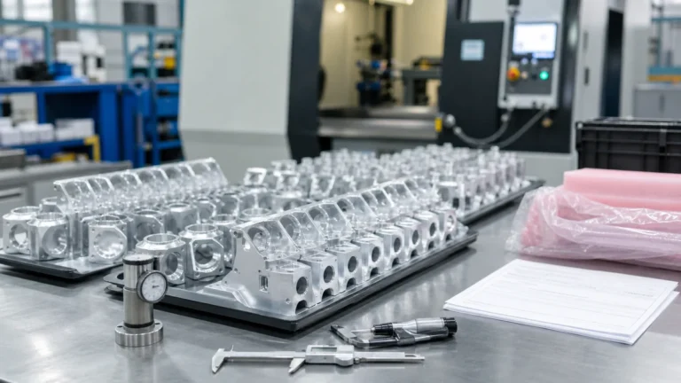 Batch of repeated CNC machined aluminum parts staged for inspection and packaging