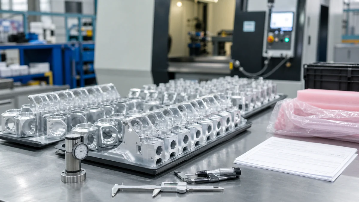 Batch of repeated CNC machined aluminum parts staged for inspection and packaging