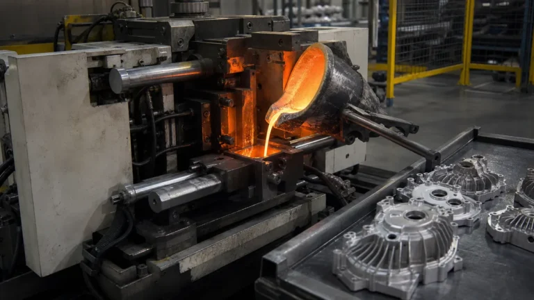 Cold chamber die casting machine with molten aluminum and finished aluminum castings