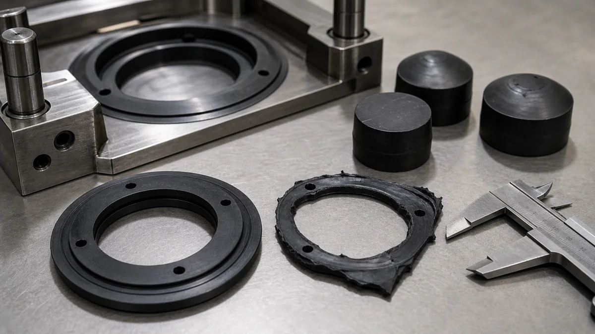 Compression molded rubber gasket with trimmed flash beside steel mold cavity and calipers