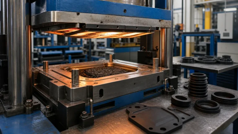 Compression molding press with open heated mold and rubber charge material
