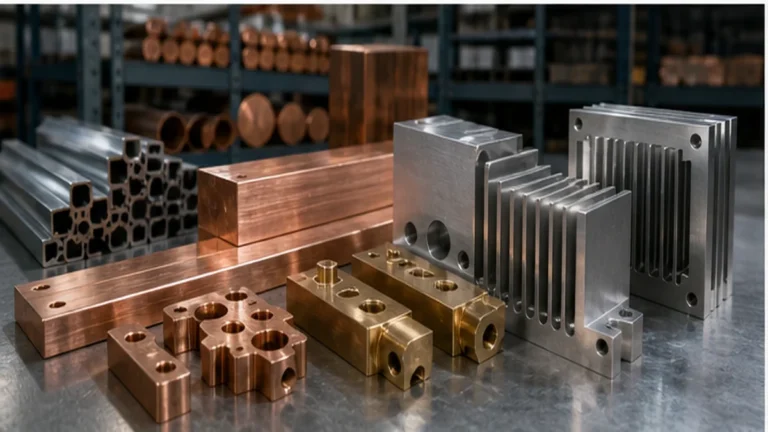 Copper aluminum and brass CNC machined heat sink busbar and connector parts on a metal bench