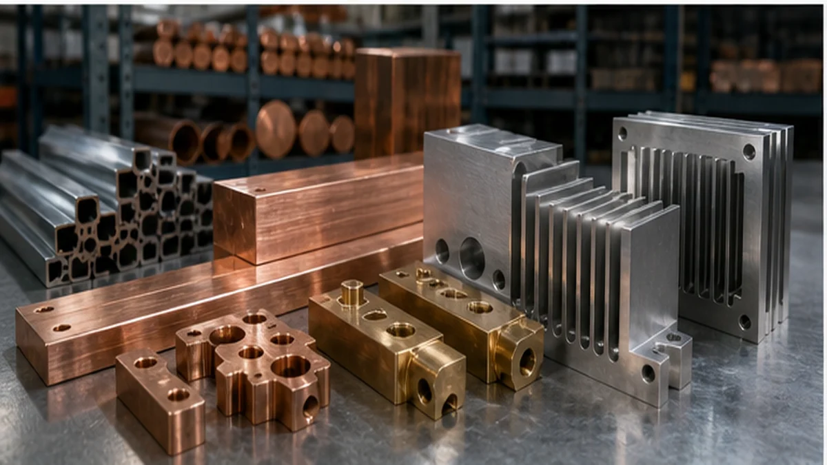 Copper aluminum and brass CNC machined heat sink busbar and connector parts on a metal bench