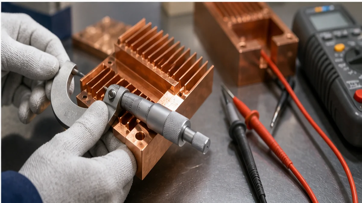 Gloved inspector measuring a machined copper heat sink or busbar with test leads nearby