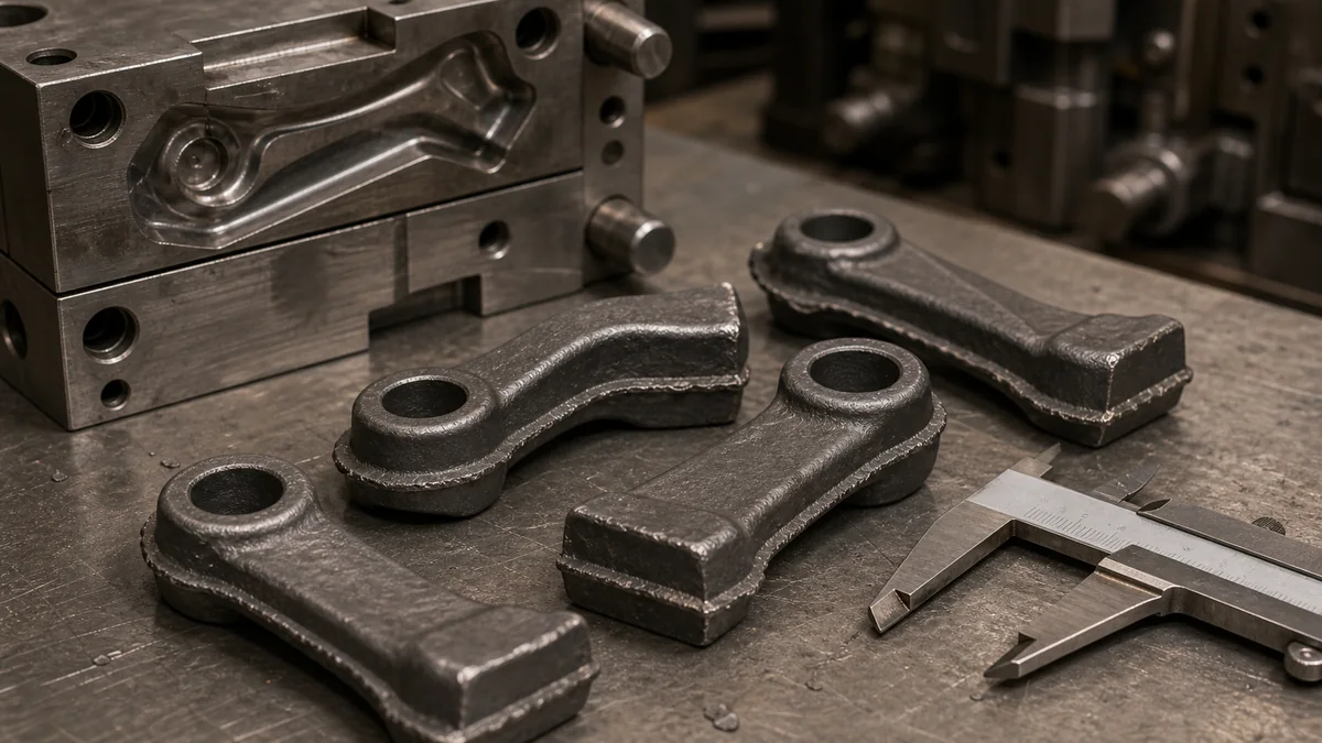Drop forged steel parts with flash line and trimmed edges beside die tooling and calipers