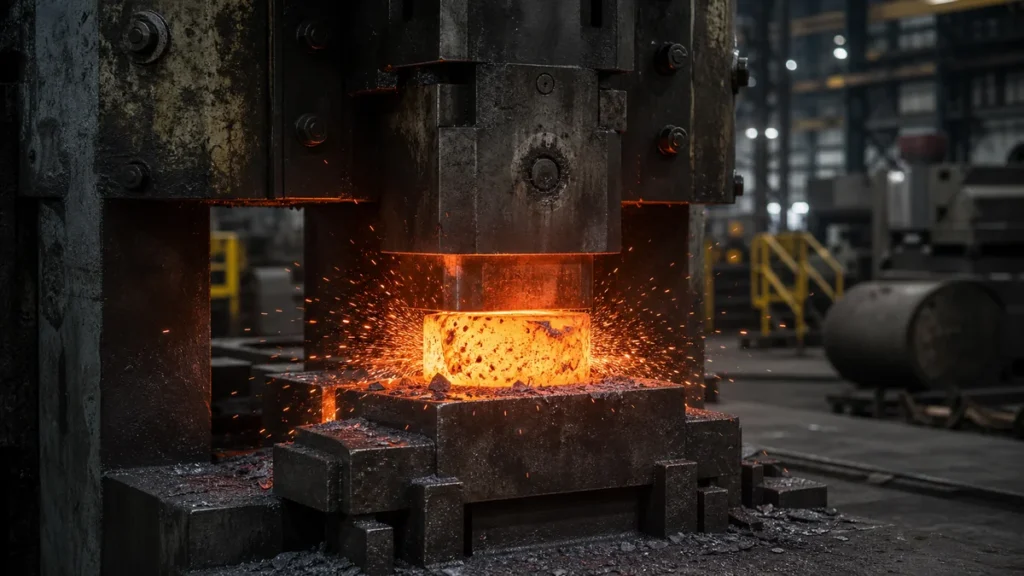 Drop forging hammer striking a hot steel billet in a heavy forging shop