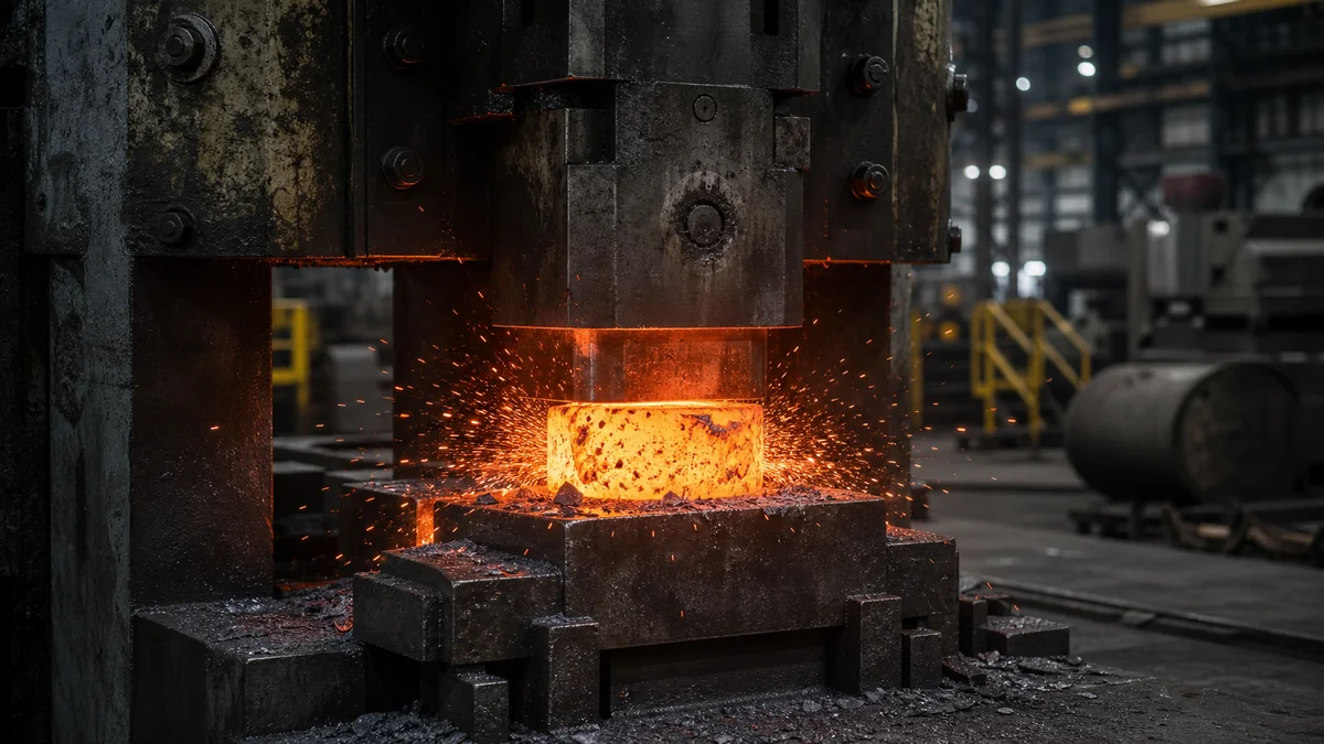 Drop forging hammer striking a hot steel billet in a heavy forging shop