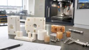 CNC machined electrical insulation parts made from engineering plastics on an inspection bench