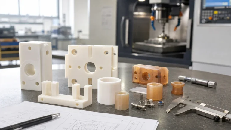 CNC machined electrical insulation parts made from engineering plastics on an inspection bench