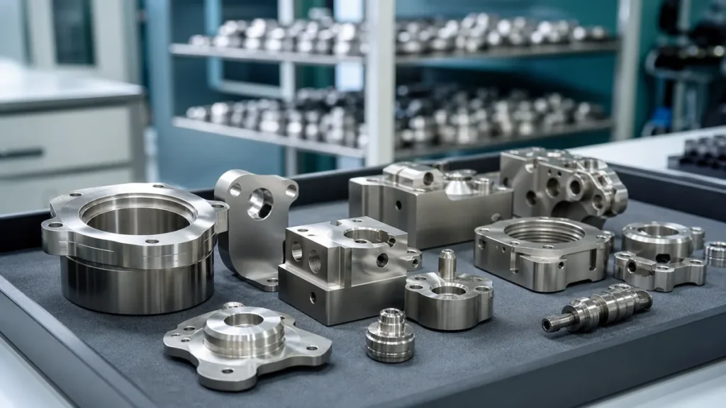 Electroless nickel plated CNC machined parts on an inspection tray