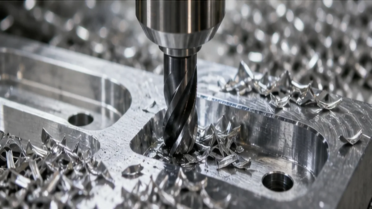 End mill cutting a pocket into aluminum with chips around the tool