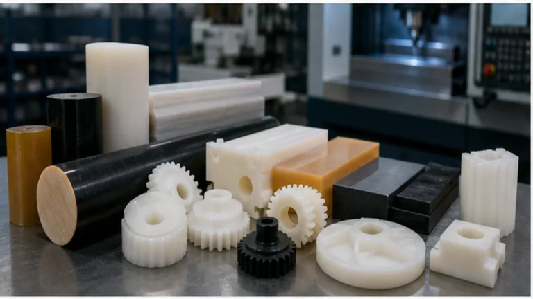 Engineering plastic billets and CNC machined plastic parts arranged on a manufacturing bench