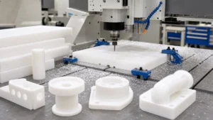 White HDPE sheets and CNC machined plastic fixtures in a clean shop