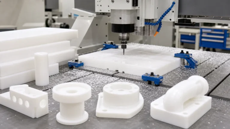 White HDPE sheets and CNC machined plastic fixtures in a clean shop