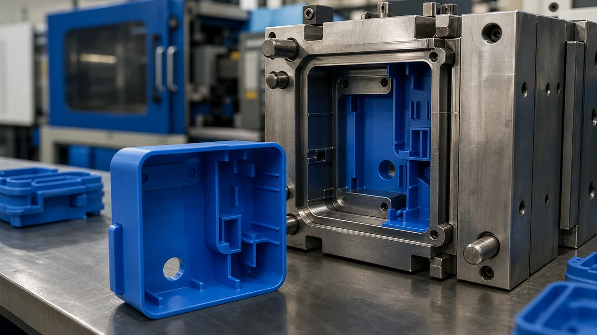 Blue HDPE injection molded part with ribs draft and gate features next to an open injection mold