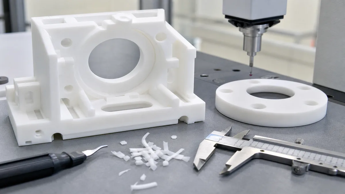 White HDPE machined parts with burr samples, calipers, and inspection tools