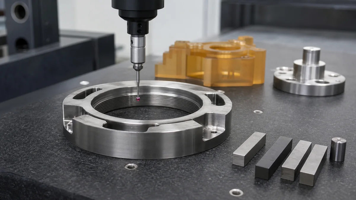 CMM inspection of a machined high-temperature alloy part with material samples nearby