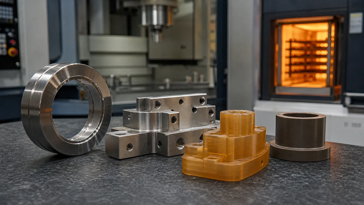 Heat resistant CNC machined metal and engineering plastic samples on an inspection bench