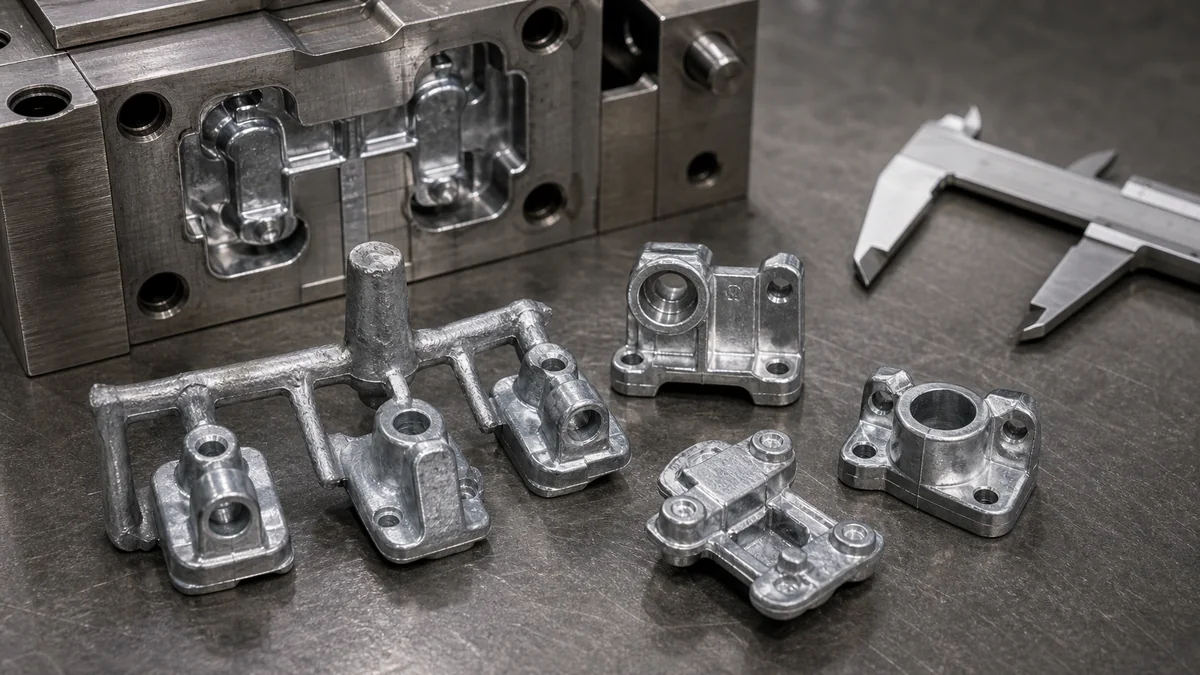 Hot chamber die cast zinc parts with sprue runner and trimmed flash on inspection bench