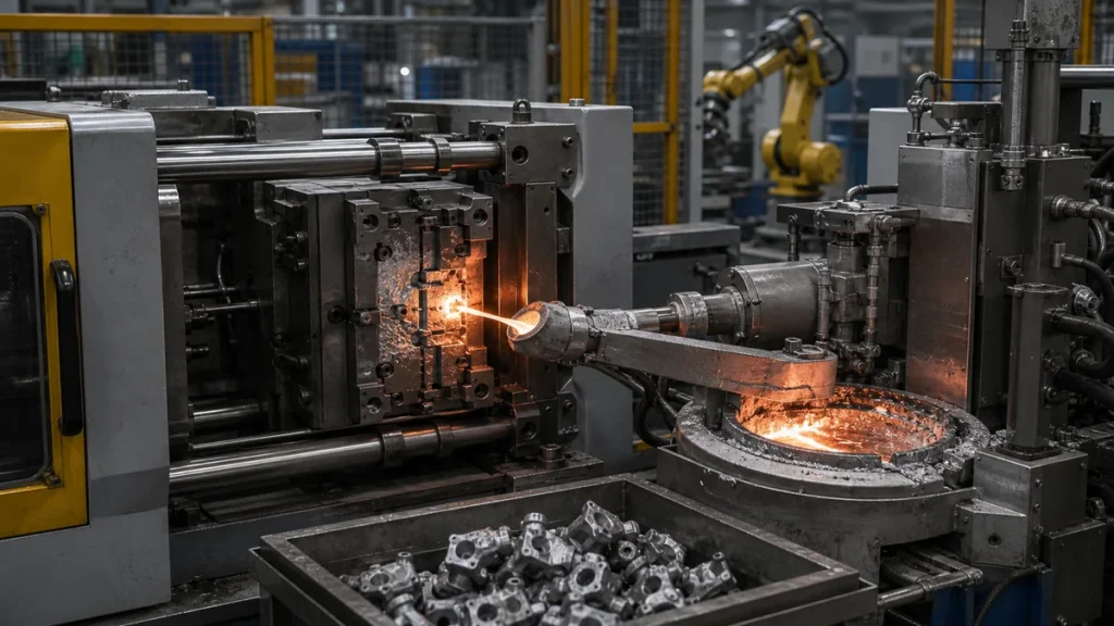 Hot chamber die casting machine injecting molten zinc alloy into a steel die
