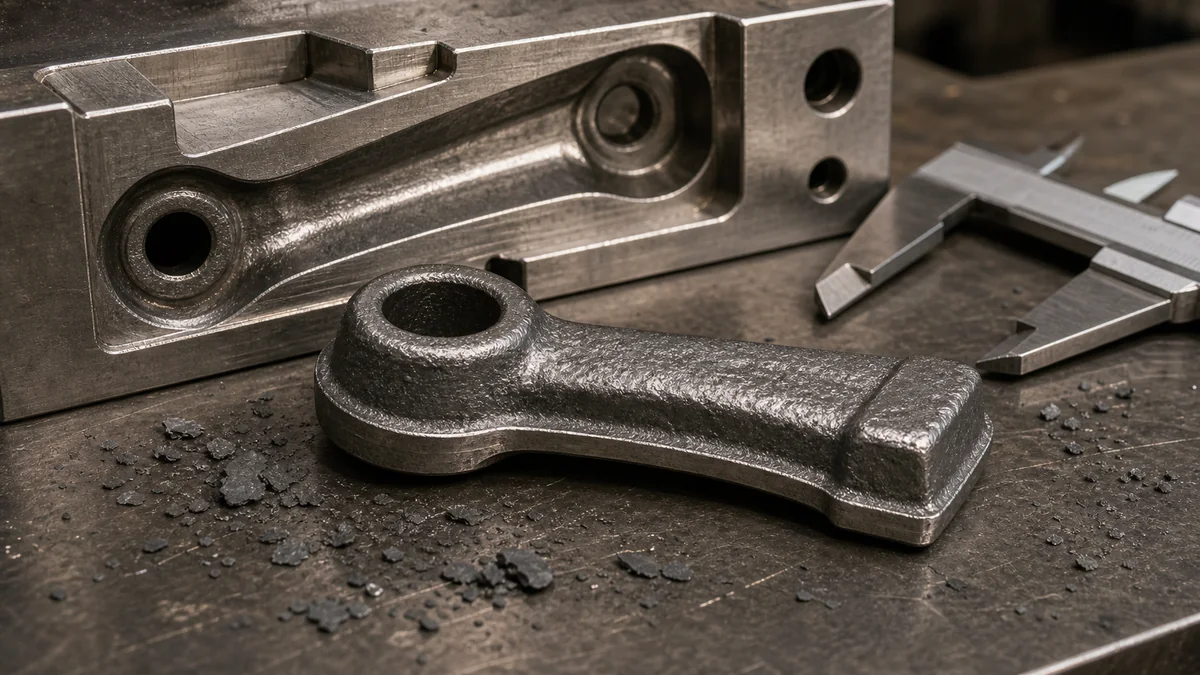 Impression die forged steel component with trimmed flash beside shaped die cavity