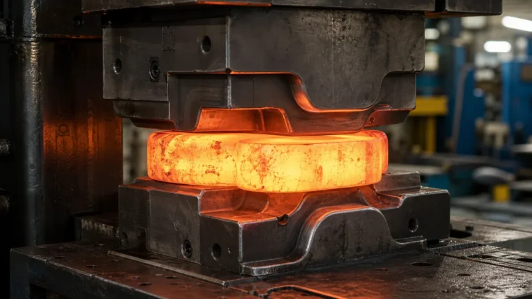 Impression die forging with hot metal compressed in a shaped closed die cavity