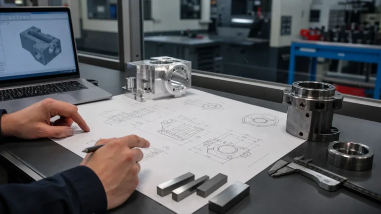 Engineer reviewing a CNC machining drawing with machined parts and inspection tools